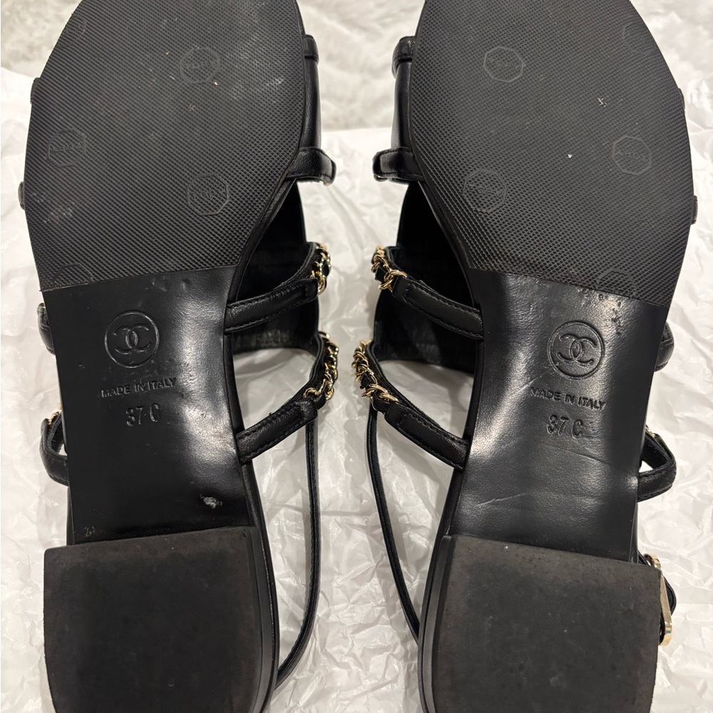 Chanel Black Leather Sandals with Gold Chains-Size 37C - Picture 5 of 12